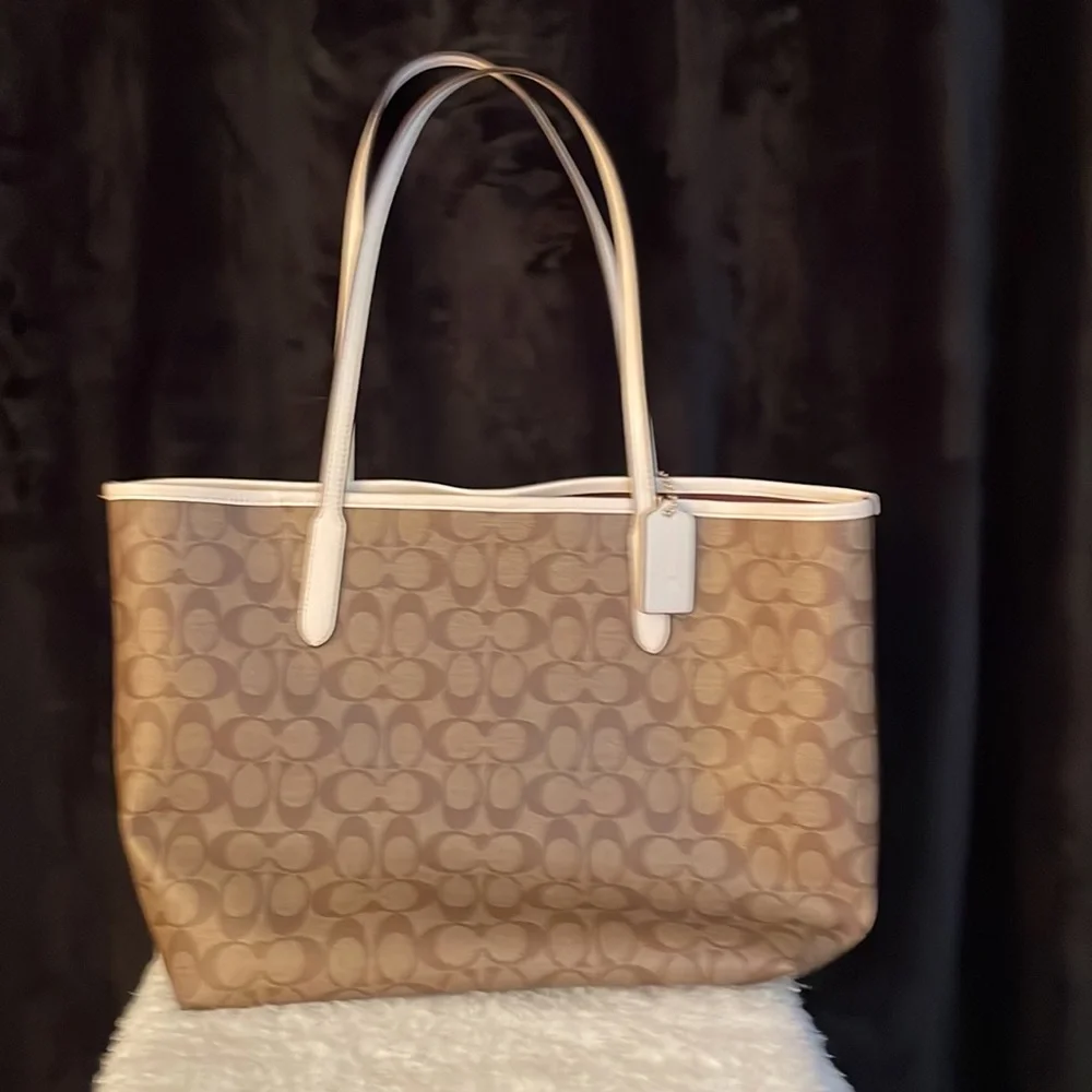 Coach Brown Signature Canvas Tote with Pink, Orange & Red LOVE Appliqué
